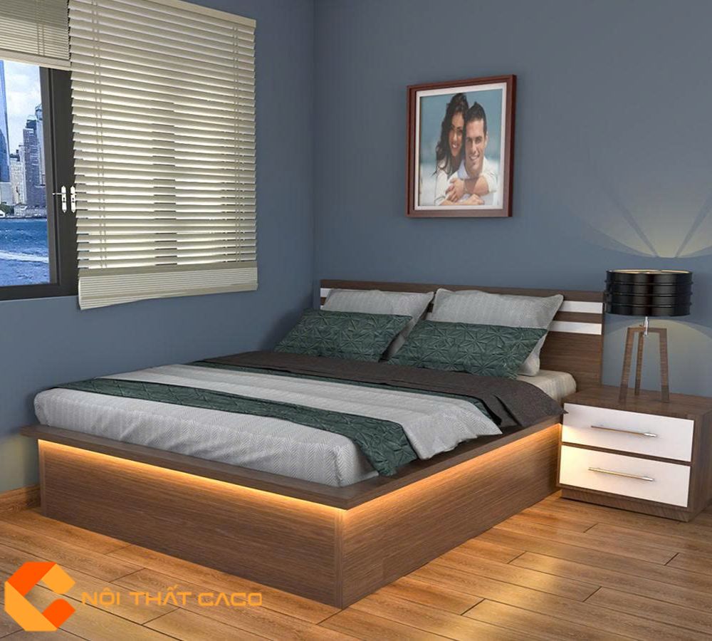 Giường Ngủ Gỗ Công Nghiệp GN090 Tích Hợp Đèn Led Hiện Đại 