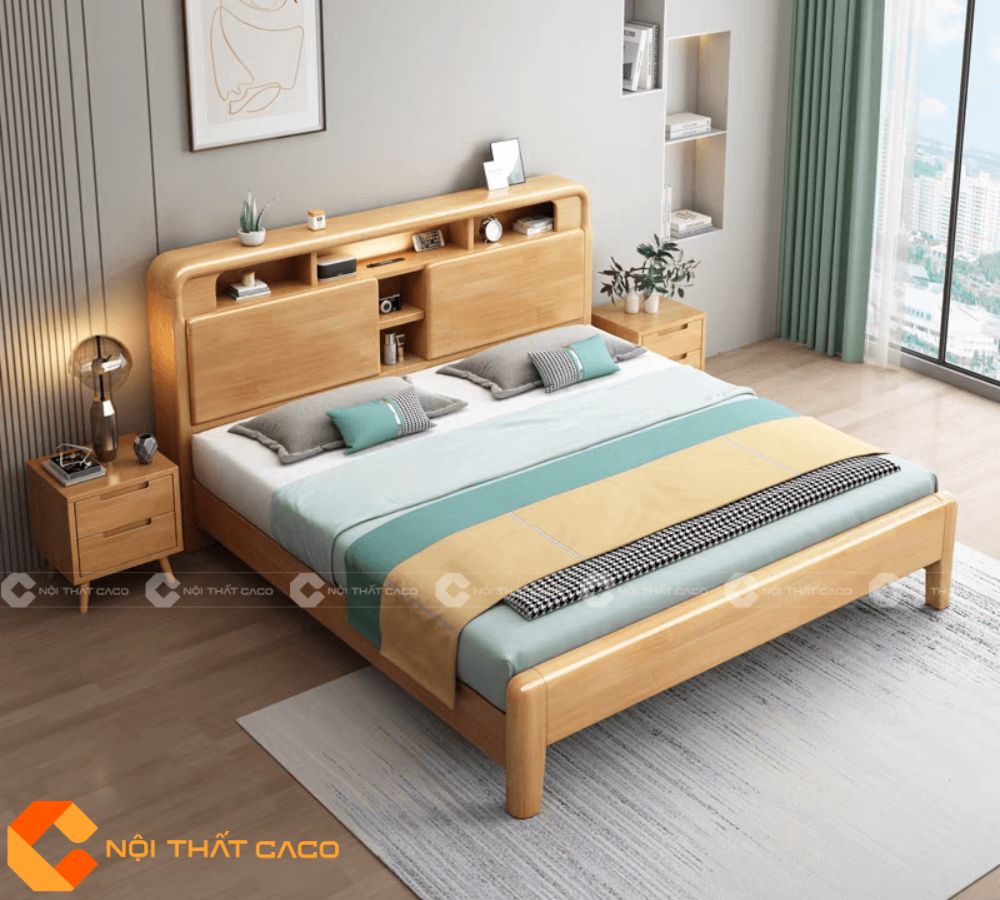 Giường Ngủ Gỗ Tự Nhiên GNTN077 Tích Hợp Kệ Tiện Lợi 