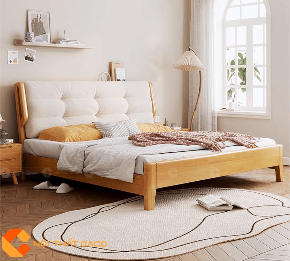 Giường Ngủ Gỗ Tự Nhiên GNTN080 Đầu Giường Bọc Nệm Êm Ái 