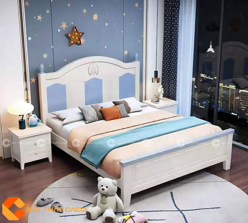 Giường Ngủ Trẻ Em Gỗ Tự Nhiên Màu Trắng Phối Xanh Dương Tinh Tế - GNTE015