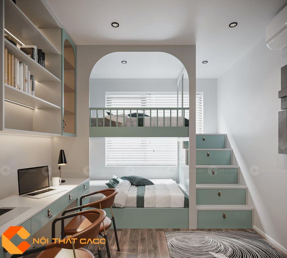 Giường Tầng GT029 Tích Hợp Cầu Thang, Bàn Học Hiện Đại 