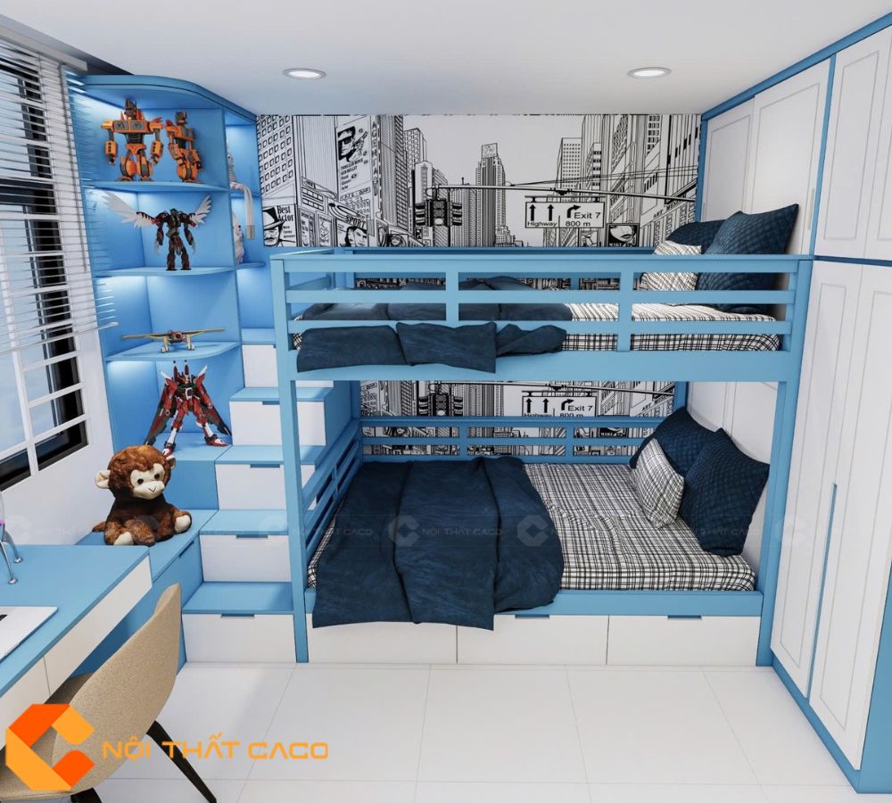 Giường Tầng GT033 Màu Xanh Phối Trắng Hiện Đại 