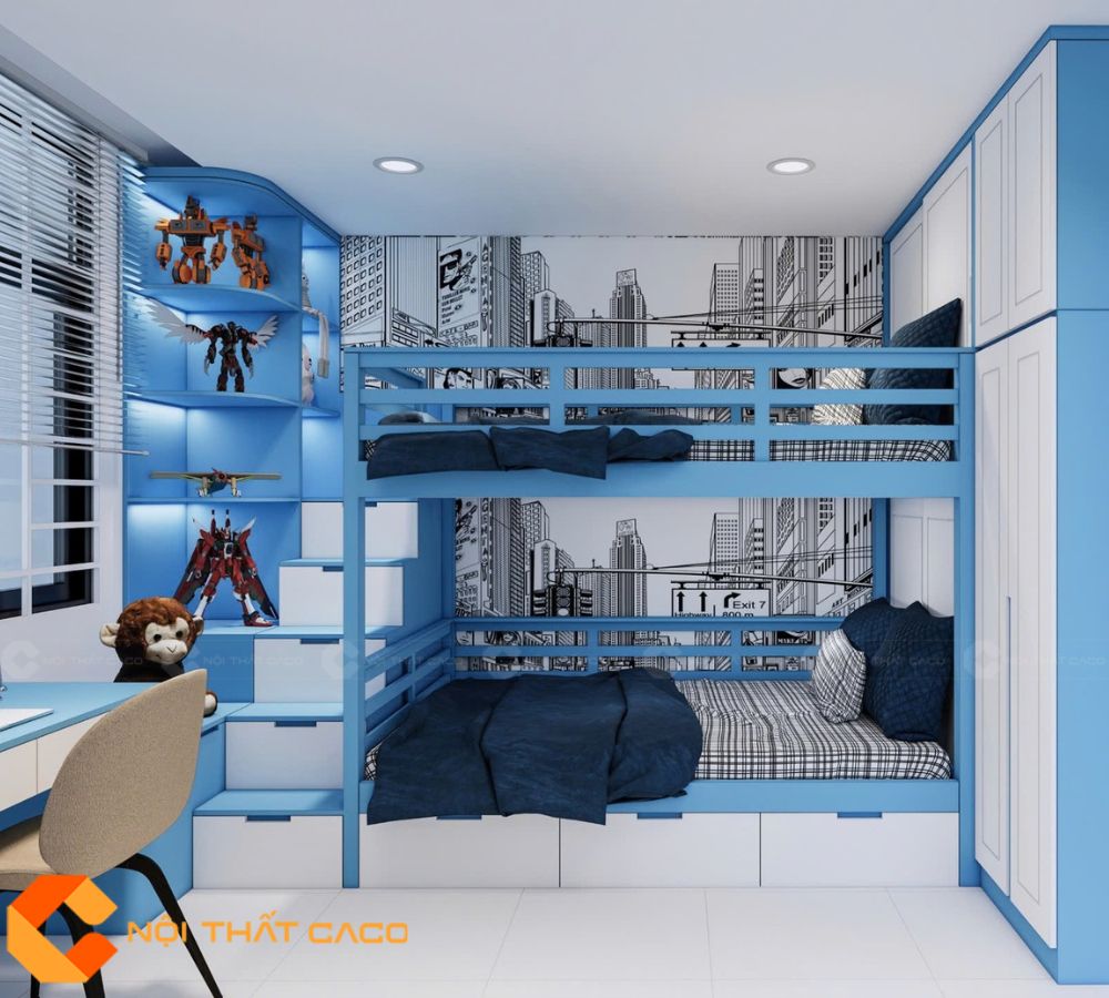 Giường Tầng GT033 Màu Xanh Phối Trắng Hiện Đại 