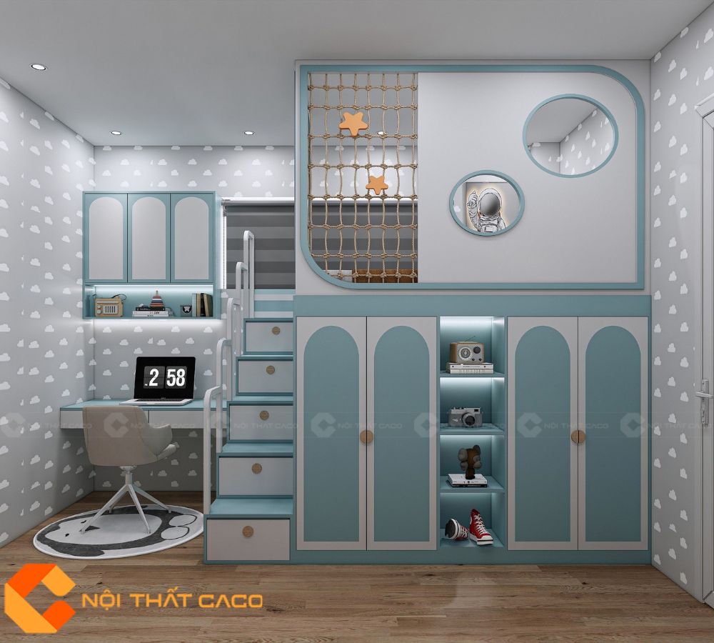Giường Tầng GT036 Màu Xanh Phối Trắng 