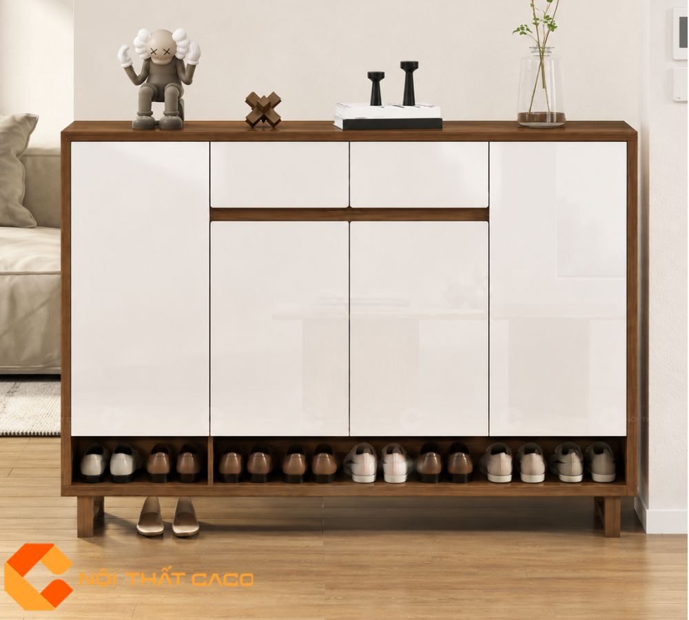 Tủ Giày Dép Gỗ MDF Màu Trắng Phối Vân Gỗ Sang Trọng, Hiện Đại - TG024