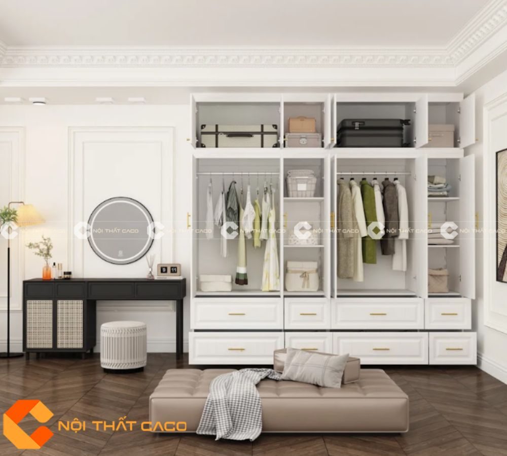 Tủ Quần Áo Gỗ Công Nghiệp TAM067 Màu Trắng Sang Trọng 